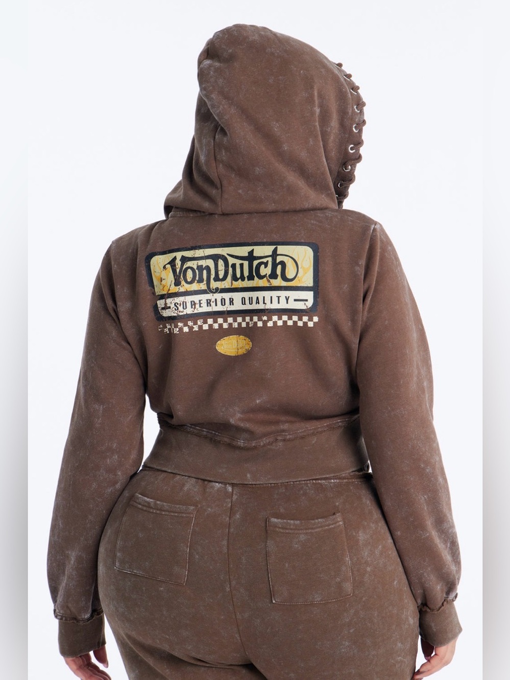 Von Dutch Brown western Vintage-Wash Cropped Zip Hoodie. Size small - Picture 3 of 8